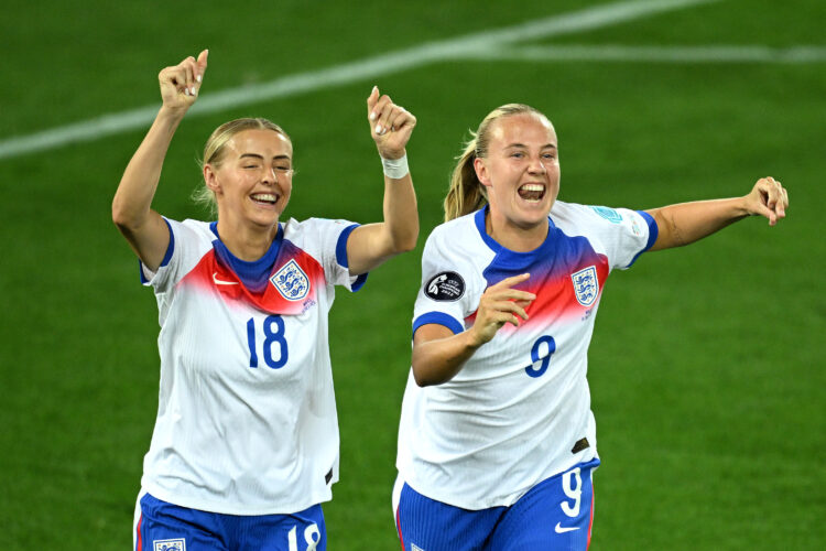 ST GALLEN, SWITZERLAND - JULY 13: Beth Mead of England celebrates with teammate Chloe Kelly after scoring her team's fifth goal during the UEFA Wom...