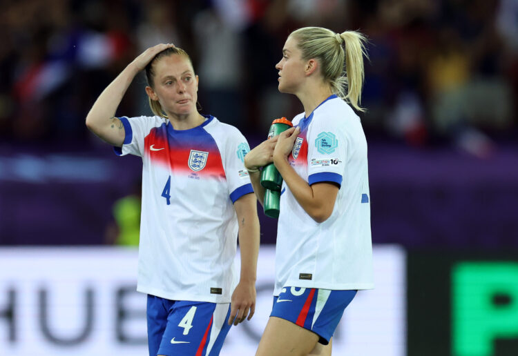ZURICH, SWITZERLAND - JULY 05: Keira Walsh and Alessia Russo of England look dejected after the teams defeat in the UEFA Women's EURO 2025 Group D ...