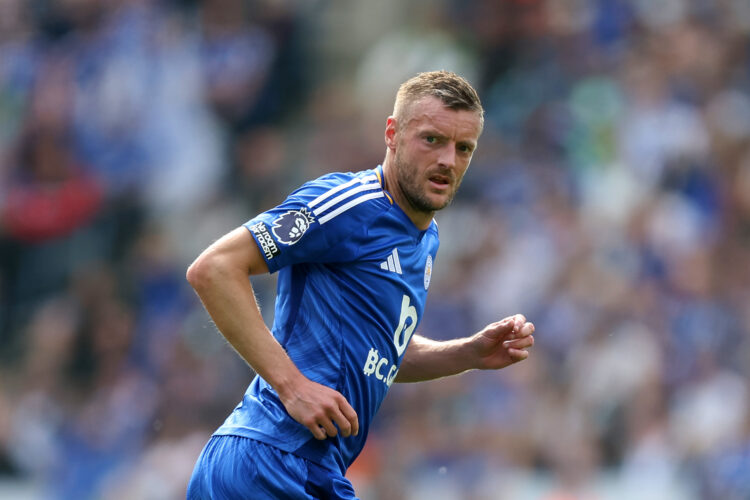 LEICESTER, ENGLAND - MAY 18: Jamie Vardy of Leicester City looks on during the Premier League match between Leicester City FC and Ipswich Town FC a...