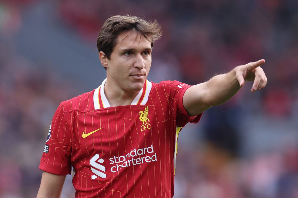 LIVERPOOL, ENGLAND - SEPTEMBER 21: Federico Chiesa of Liverpool FC during the Premier League match between Liverpool FC and AFC Bournemouth at Anfield on September 21, 2024 in Liverpool, England. (Photo by Alex Livesey/Getty Images)
