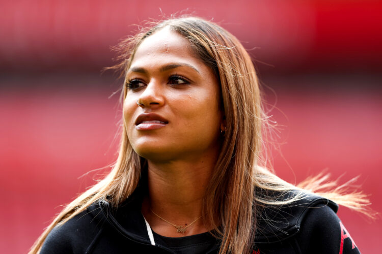 LIVERPOOL, ENGLAND - MAY 04: Taylor Hinds of Liverpool inspects the pitch prior to the Barclays Women's Super League match between Liverpool and Ev...