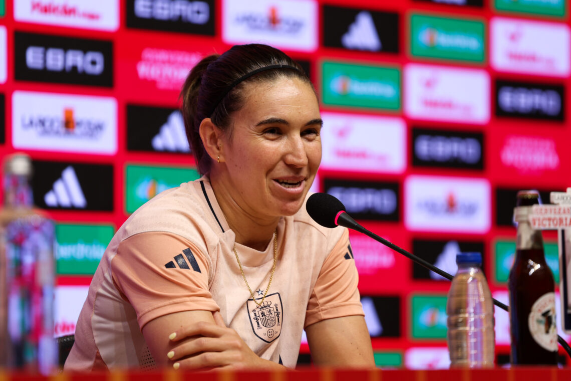 BARCELONA, SPAIN - JUNE 02: Mariona Caldentey of Spain speaks to the media during a press conference at RCDE Stadium on June 02, 2025 in Barcelona,...