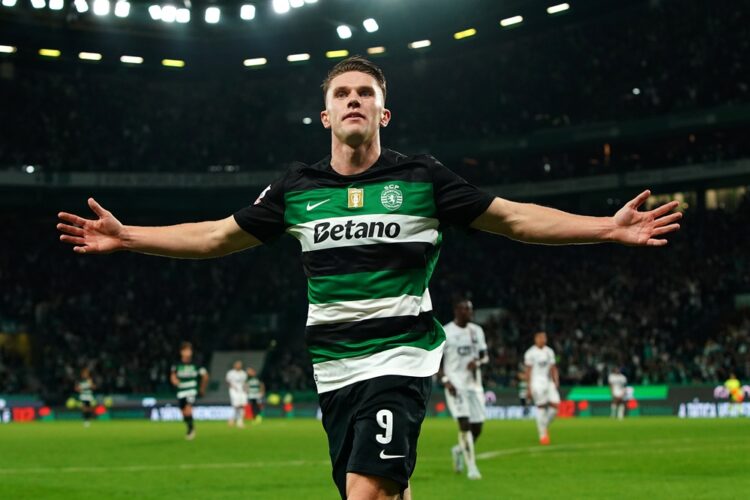 LISBON, PORTUGAL: Viktor Gyokeres of Sporting CP celebrates scoring his team's fourth goal during the Liga Portugal Betclic match between Sporting ...