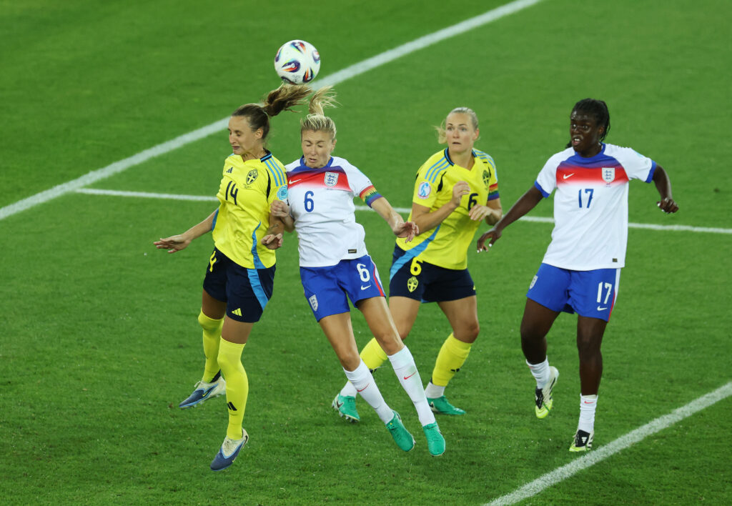 Positive Leah Williamson injury update ahead of England's Euros semi-final 2 ZURICH, SWITZERLAND - JULY 17: Leah Williamson of England challenges for a crossed ball with Nathalie Bjoern of Sweden during the UEFA Women's EURO 2025 Quarter-Final match between Sweden and England at Stadion Letzigrund on July 17, 2025 in Zurich, Switzerland. (Photo by Alexander Hassenstein/Getty Images)