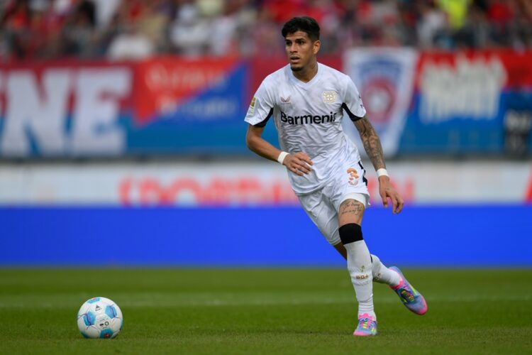 HEIDENHEIM, GERMANY: Piero Hincapie of Bayer 04 Leverkusen in action during the Bundesliga match between 1. FC Heidenheim 1846 and Bayer 04 Leverku...