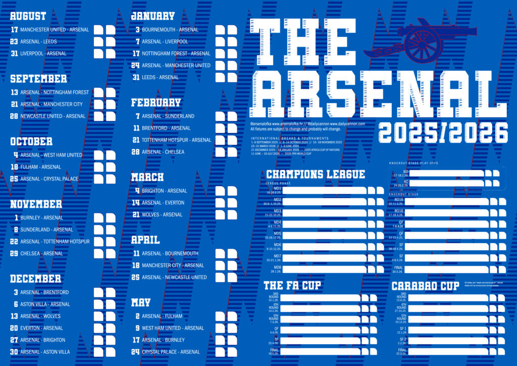 Free Arsenal 2025/2026 printable fixtures chart 3 a blue and white Arsenal fixtures wallchart printable