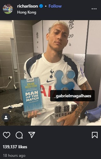 Richarlison's Instagram post on July 31st, 2025