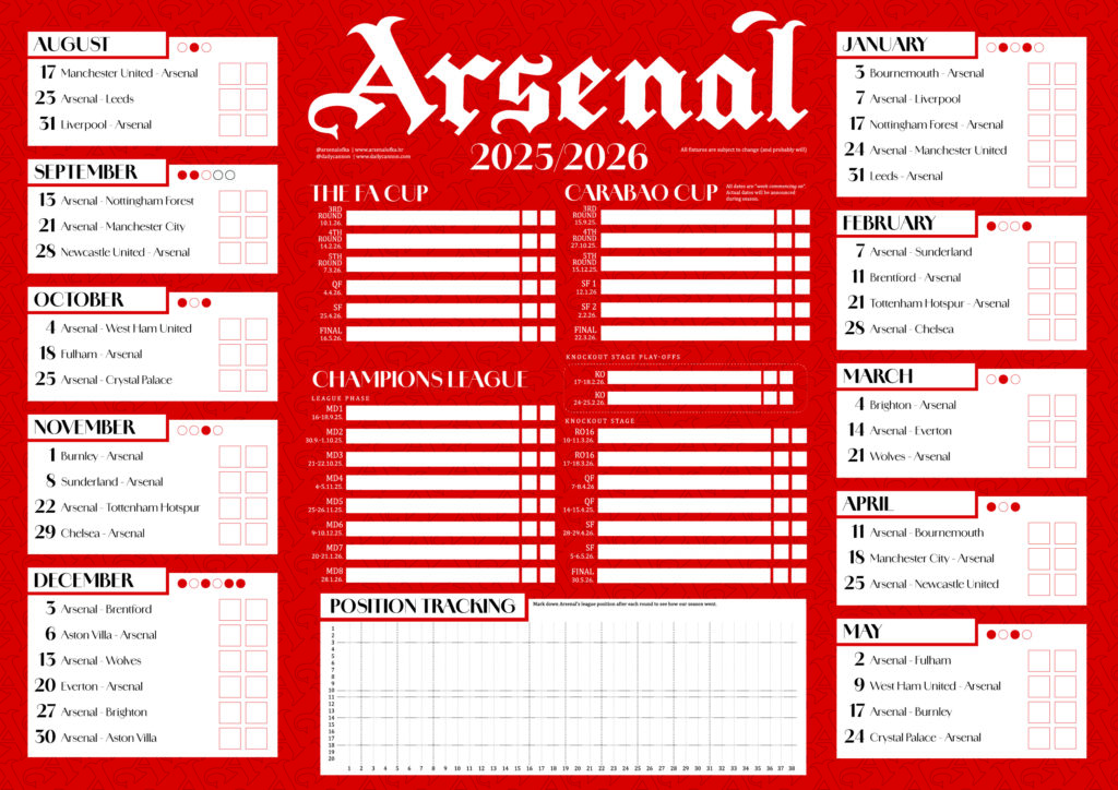 Free Arsenal 2025/2026 printable fixtures chart 2 Arsenal 2025/2026 free printable fixtures chart