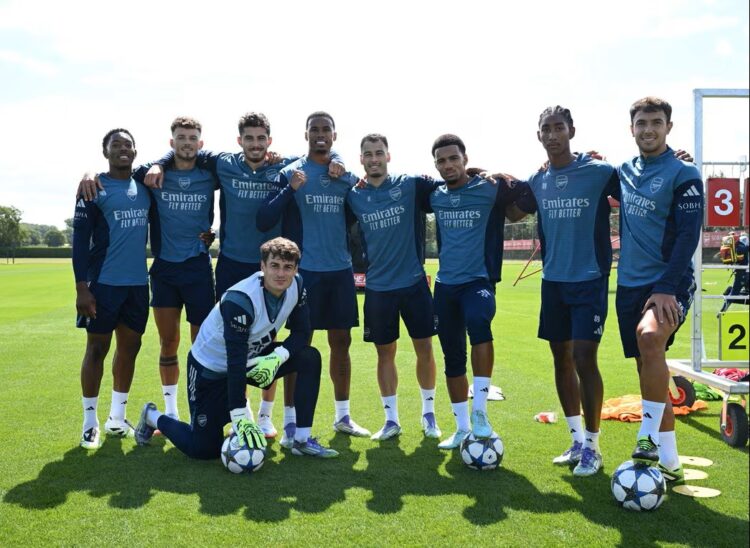 Gabriel Magalhaes and Kepa Arrizabalaga involved in training with Arsenal (Photo via Arsenal.com)