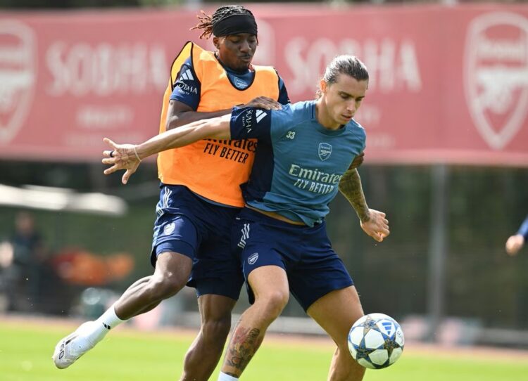 Noni Madueke and Riccardo Calafiori in training with Arsenal (Photo via Arsenal.com)