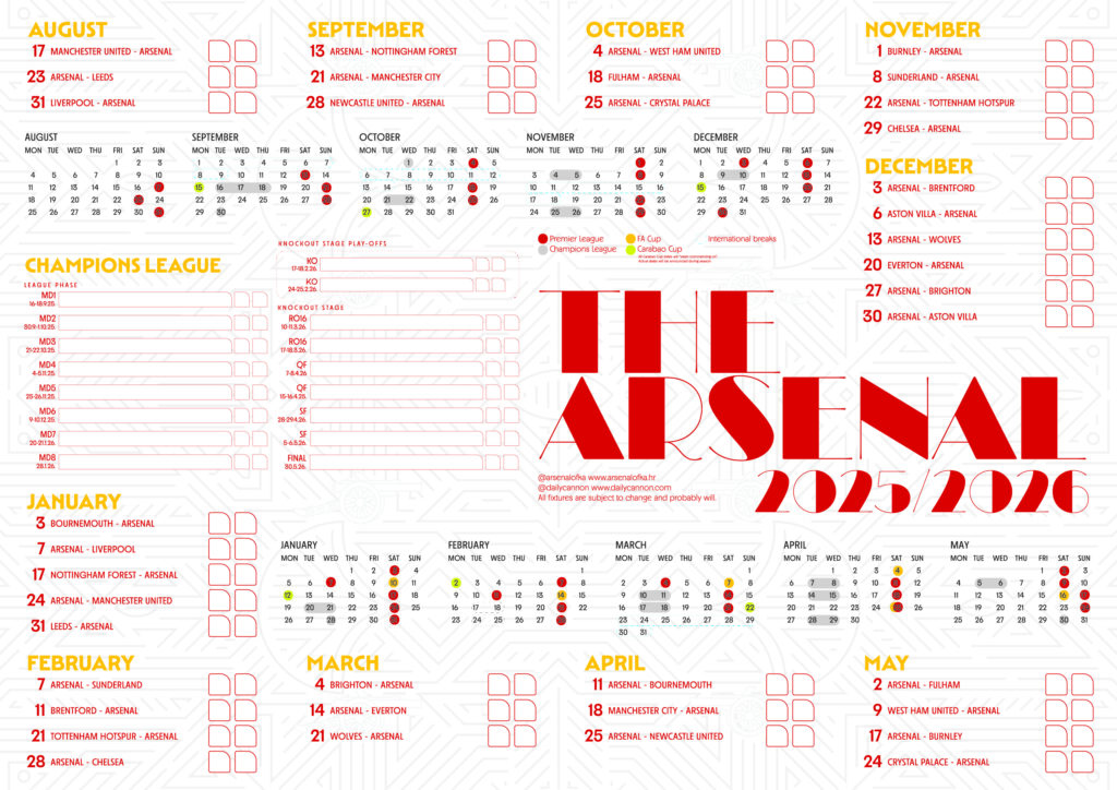 Free Arsenal 2025/2026 printable fixtures chart 4 A white Arsenal fixtures wallchart printable with calendar