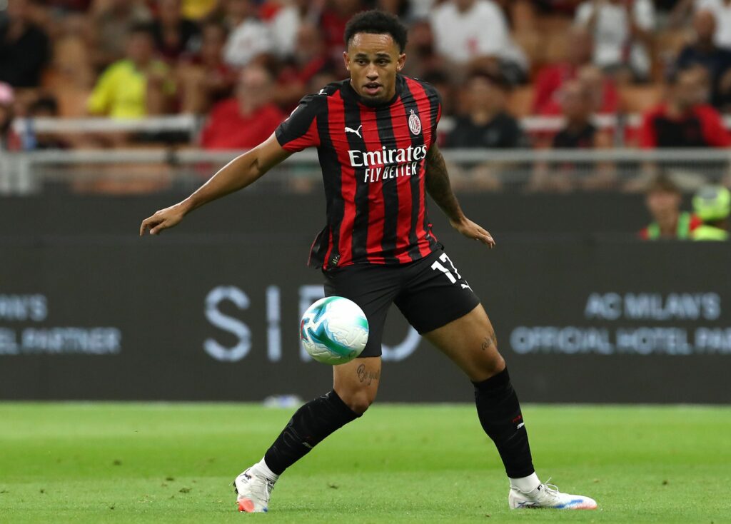 MILAN, ITALY - AUGUST 17: Noah Okafor of AC Milan in action during the Coppa Italia match between AC Milan and SSC Bari at Stadio San Siro on August 17, 2025 in Milan, Italy. (Photo by Marco Luzzani/Getty Images)