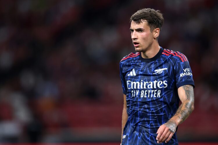 SINGAPORE, SINGAPORE: Jakub Kiwior of Arsenal looks on during the Pre-Season Friendly match between Arsenal FC and AC Milan at the National Stadium...