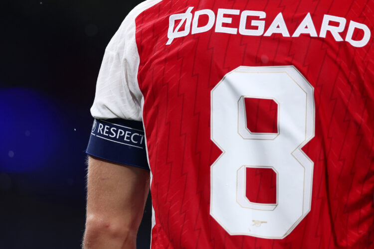 LONDON, ENGLAND - SEPTEMBER 20: A detailed view of the captain's armband worn by Martin Oedegaard of Arsenal during the UEFA Champions League match...