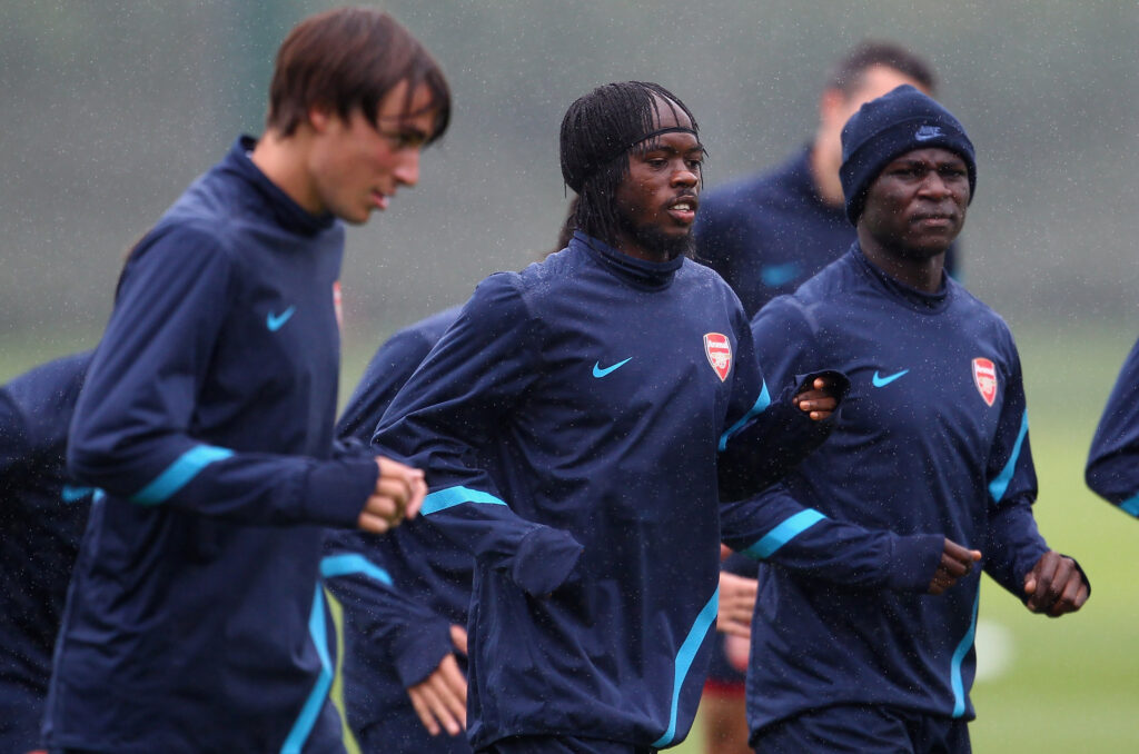 Whatever happened to Emmanuel Frimpong? 3 ST ALBANS, ENGLAND - AUGUST 23: Gervinho (C) with Emmanuel Frimpong (R) and Ignasi Miquel of Arsenal during a training session ahead of their UEFA Champions League Qualifying second leg match against Udinese at London Colney on August 23, 2011 in St Albans, England. (Photo by Julian Finney/Getty Images)