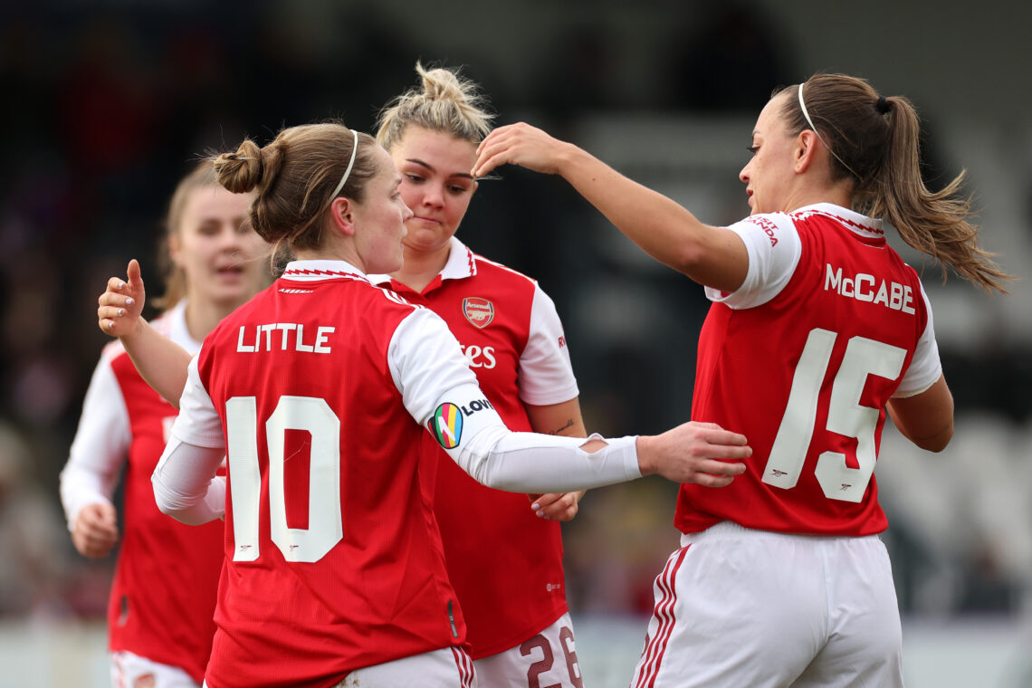 BOREHAMWOOD, ENGLAND - JANUARY 29: Kim Little of Arsenal celebrates with Laura Wienroither and Katie McCabe after scoring the team's third goal dur...