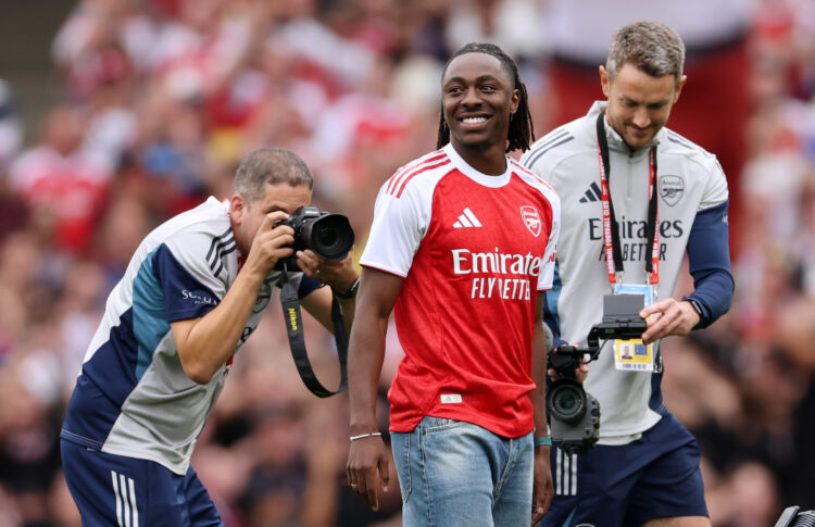 LONDON, ENGLAND - AUGUST 23: Eberechi Eze is presented to the fans prior to the Premier League match between Arsenal and Leeds United at Emirates S...