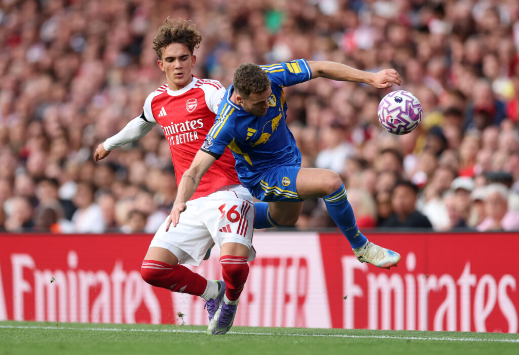 LONDON, ENGLAND - AUGUST 23: Max Dowman of Arsenal battles for possession with Gabriel Gudmundsson of Leeds United during the Premier League match between Arsenal and Leeds United at Emirates Stadium on August 23, 2025 in London, England. (Photo by Julian Finney/Getty Images)