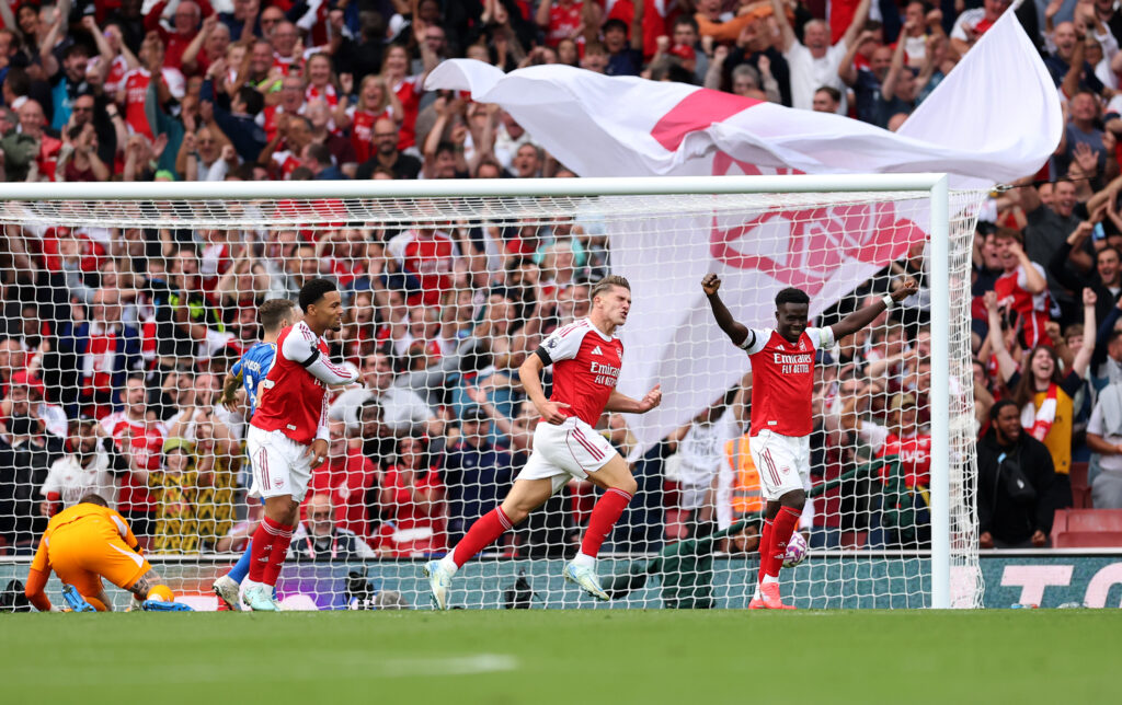 LONDON, ENGLAND - AUGUST 23: Viktor Gyoekeres of Arsenal celebrates scoring his team's third goal during the Premier League match between Arsenal and Leeds United at Emirates Stadium on August 23, 2025 in London, England. (Photo by Julian Finney/Getty Images)