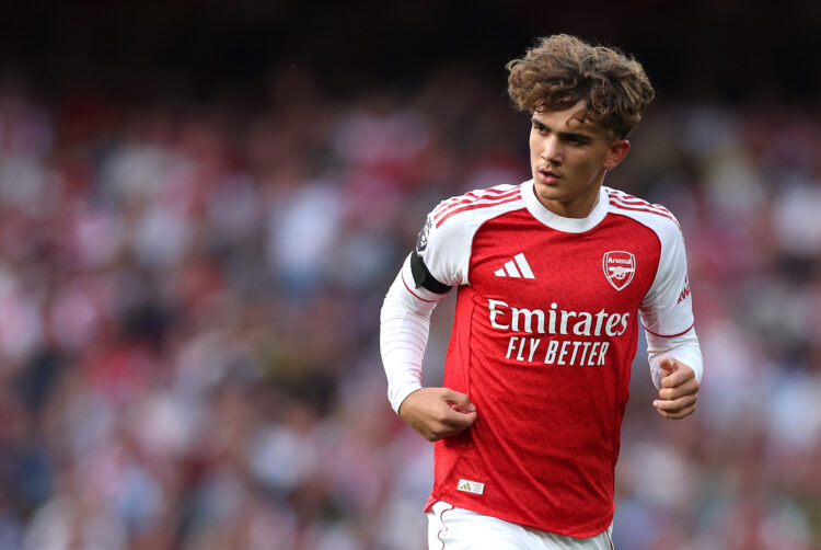 LONDON, ENGLAND - AUGUST 23: Max Dowman of Arsenal during the Premier League match between Arsenal and Leeds United at Emirates Stadium on August 2...
