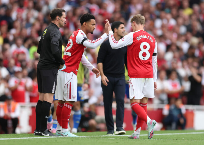LONDON, ENGLAND - AUGUST 23: Martin Odegaard of Arsenal is substituted off with an injury for Ethan Nwaneri of Arsenal during the Premier League match between Arsenal and Leeds United at Emirates Stadium on August 23, 2025 in London, England. (Photo by Julian Finney/Getty Images)