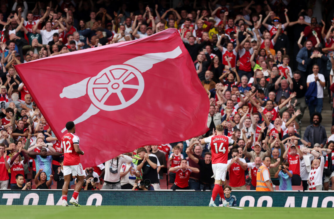 LONDON, ENGLAND - AUGUST 23: Viktor Gyoekeres of Arsenal celebrates scoring his team's third goal during the Premier League match between Arsenal a...
