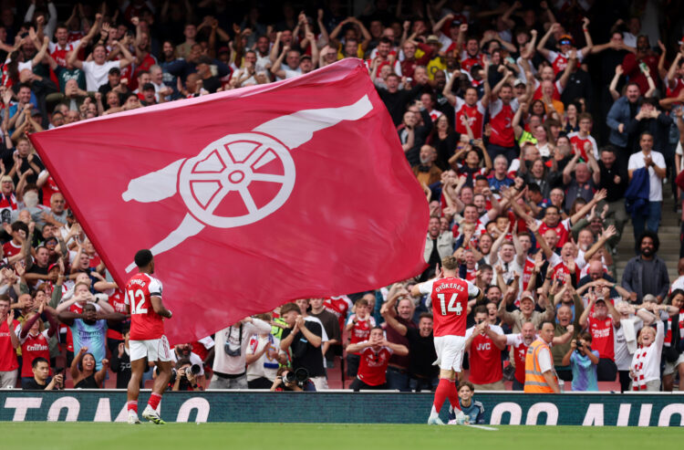 LONDON, ENGLAND - AUGUST 23: Viktor Gyoekeres of Arsenal celebrates scoring his team's third goal during the Premier League match between Arsenal a...