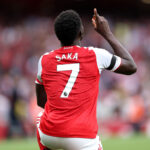 LONDON, ENGLAND - AUGUST 23: Bukayo Saka of Arsenal celebrates scoring his team's second goal during the Premier League match between Arsenal and Leeds United at Emirates Stadium on August 23, 2025 in London, England. (Photo by Julian Finney/Getty Images)