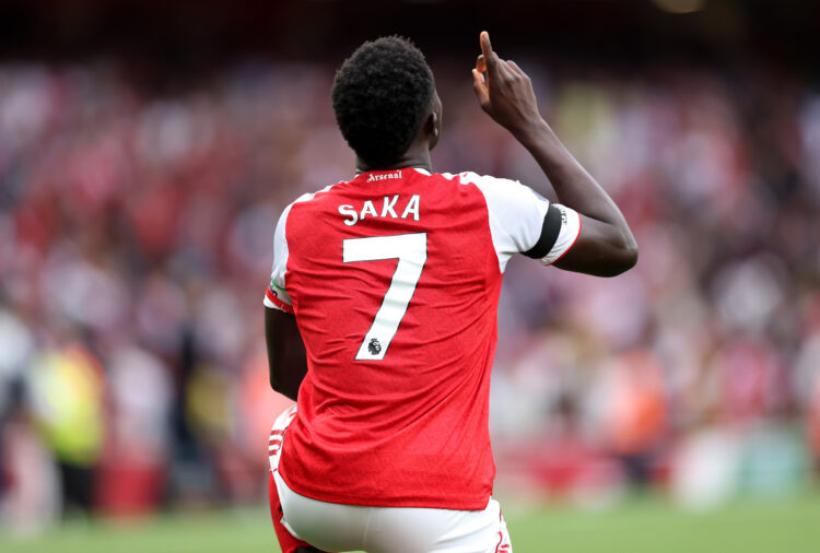 LONDON, ENGLAND - AUGUST 23: Bukayo Saka of Arsenal celebrates scoring his team's second goal during the Premier League match between Arsenal and L...