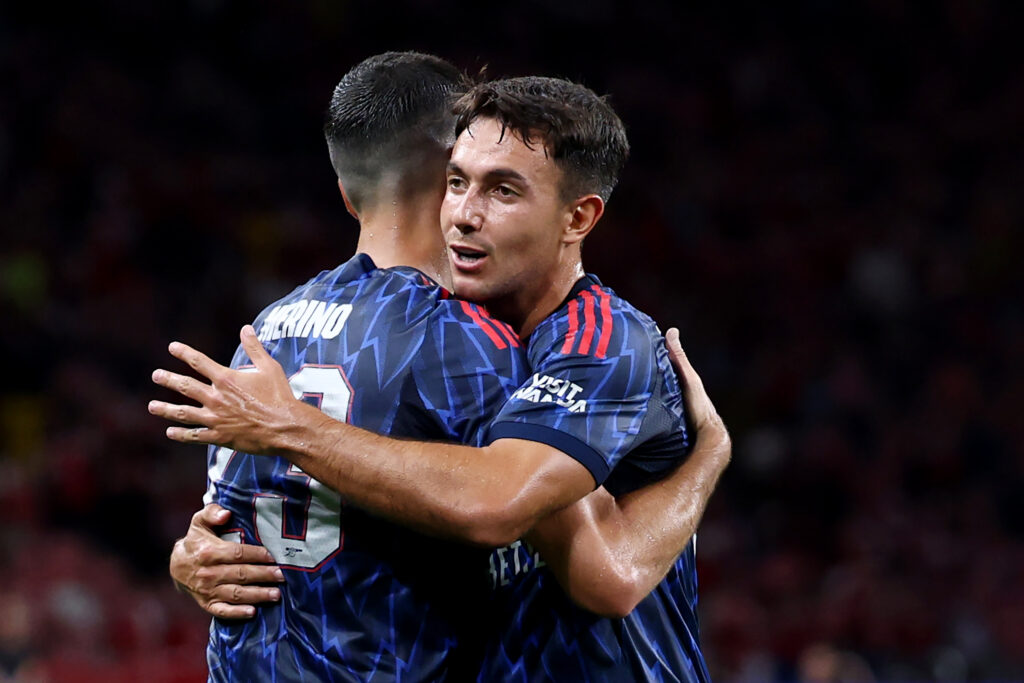 SINGAPORE, SINGAPORE - JULY 27: Mikel Merino of Arsenal celebrates with Martin Zubimendi after scoring the team's first goal during the Pre-Season Friendly between Arsenal FC and Newcastle United at the National Stadium on July 27, 2025 in Singapore. (Photo by Yong Teck Lim/Getty Images)
