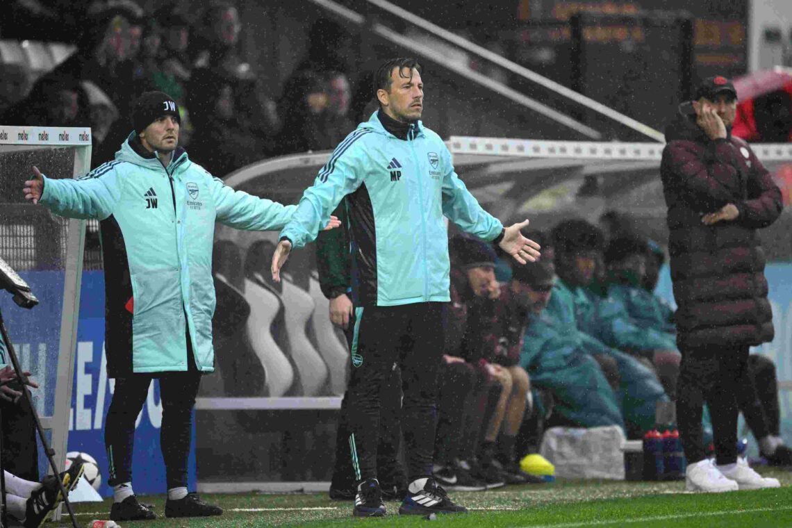 BOREHAMWOOD, ENGLAND - OCTOBER 01: Max Porter and Jack Wilshere of Arsenal react during the UEFA Youth League 2024/25 match between Arsenal and Par...