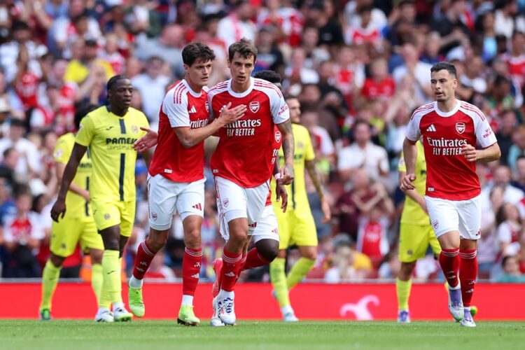LONDON, ENGLAND: Christian Norgaard of Arsenal celebrates scoring his team's first goal with teammate Jakub Kiwior during the pre-season friendly m...