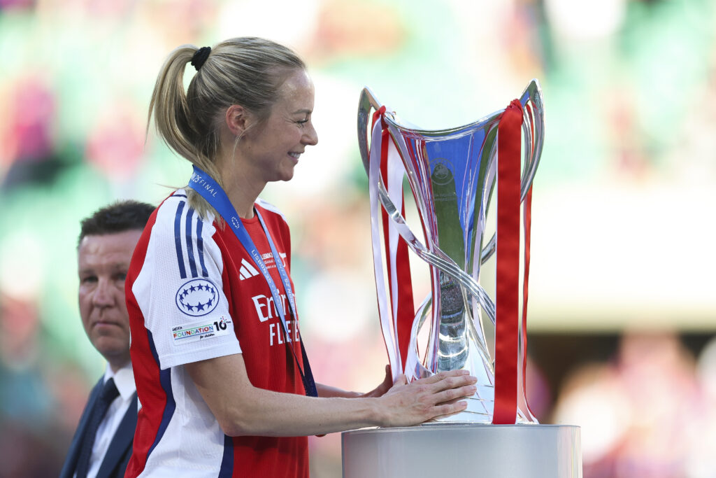 Released Arsenal star signs for new club 3 LISBON, PORTUGAL - MAY 24: Amanda Ilestedt of Arsenal holds the UEFA Women's Champions League trophy after her team's victory in the UEFA Women's Champions League final match between Arsenal WFC and FC Barcelona at Estadio Jose Alvalade on May 24, 2025 in Lisbon, Portugal. (Photo by Maja Hitij/Getty Images)