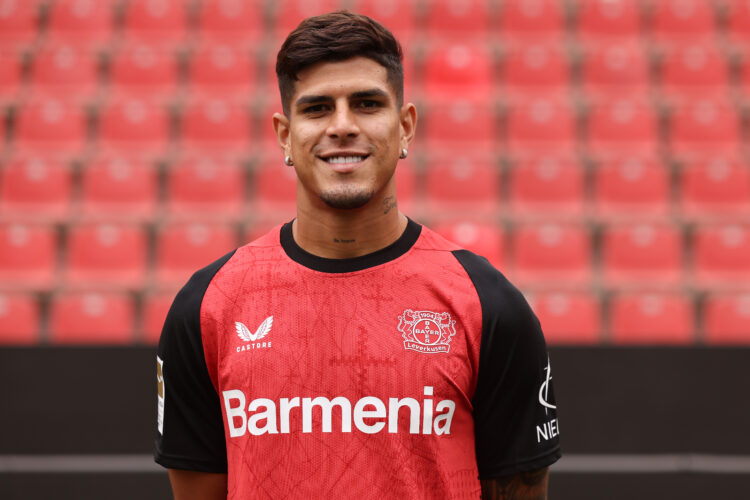 LEVERKUSEN, GERMANY - SEPTEMBER 25: Piero Hincapie of Bayer 04 Leverkusen poses during the team presentation at BayArena on September 25, 2024 in L...
