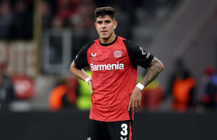 LEVERKUSEN, GERMANY - DECEMBER 10: Piero Hincapie of Bayer 04 Leverkusen looks on during the UEFA Champions League 2024/25 League Phase MD6 match b...