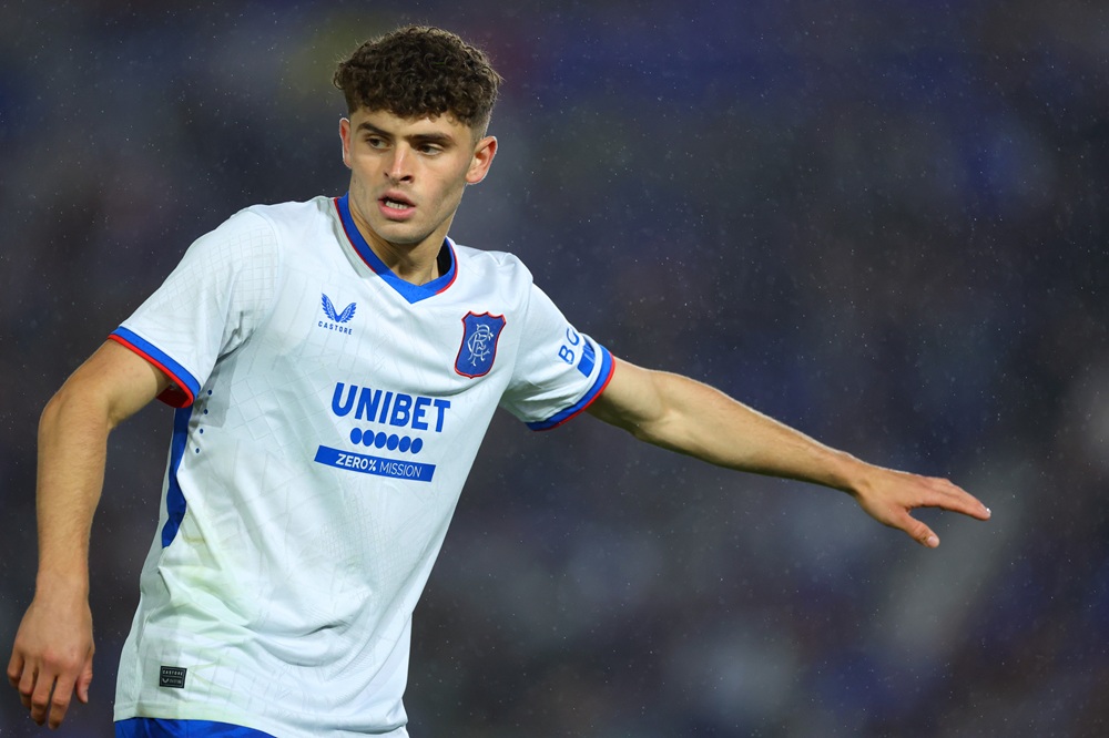 BIRMINGHAM, ENGLAND: Archie Stevens of Rangers gestures during the pre-season friendly match between Birmingham City and Rangers at St Andrew’s at Knighthead Park on July 24, 2024. (Photo by Dan Istitene/Getty Images)