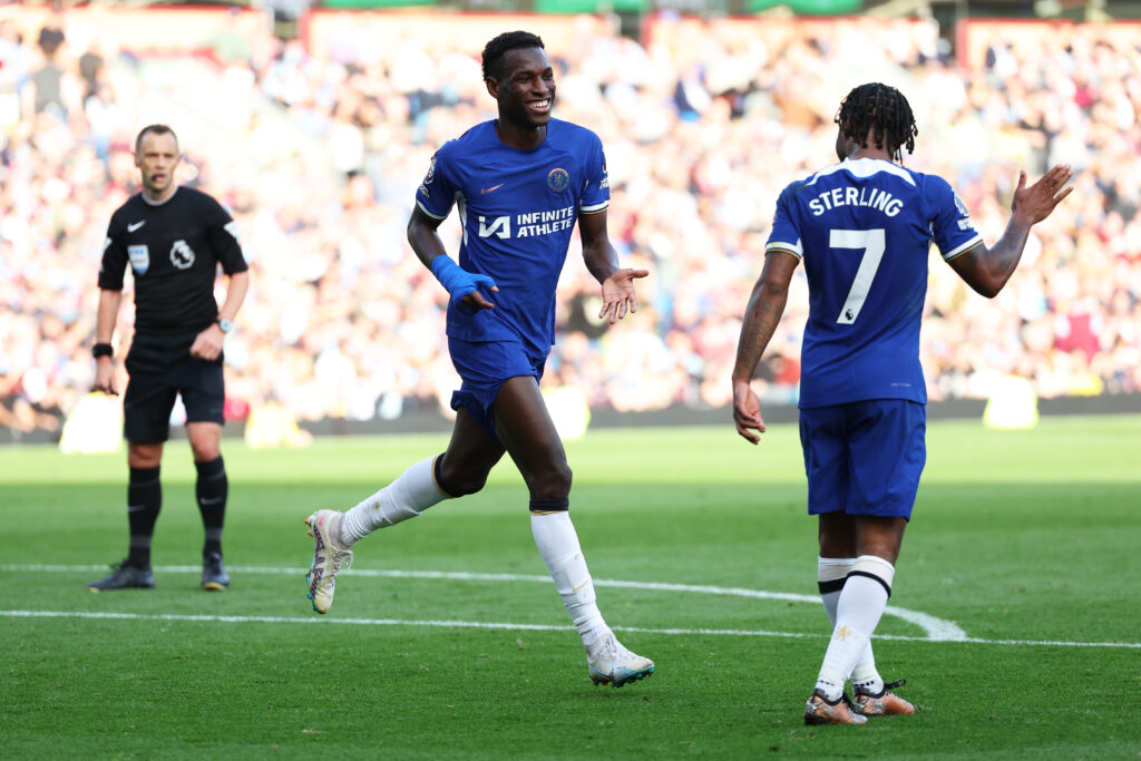 BURNLEY, ENGLAND - OCTOBER 07: Nicholas Jackson of Chelsea celebrates after scoring the team's fourth goal during the Premier League match between Burnley FC and Chelsea FC at Turf Moor on October 07, 2023 in Burnley, England. (Photo by Matt McNulty/Getty Images)