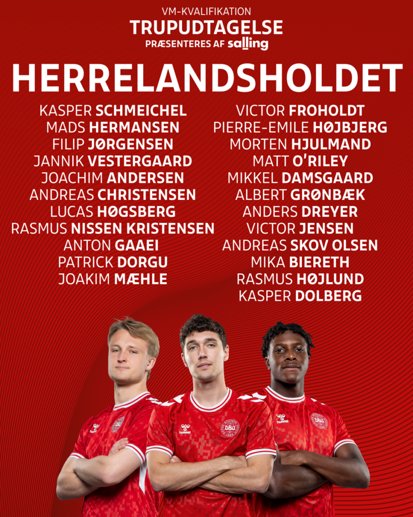 Arsenal midfielder left out of international squad due to injury 3 VM-KVALIFIKATION
TRUPUDTAGELSE
PRÆSENTERES AF salling
HERRELANDSHOLDET
KASPER SCHMEICHEL
MADS HERMANSEN
FILIP JØRGENSEN
JANNIK VESTERGAARD
JOACHIM ANDERSEN
ANDREAS CHRISTENSEN
LUCAS HØGSBERG
RASMUS NISSEN KRISTENSEN
ANTON GAAEI
PATRICK DORGU
JOAKIM MÆHLE
VICTOR FROHOLDT
PIERRE-EMILE HØJBJERG
MORTEN HJULMAND
MATT O’RILEY
MIKKEL DAMSGAARD
ALBERT GRØNBÆK
ANDERS DREYER
VICTOR JENSEN
ANDREAS SKOV OLSEN
MIKA BIERETH
RASMUS HØJLUND
KASPER DOLBERG