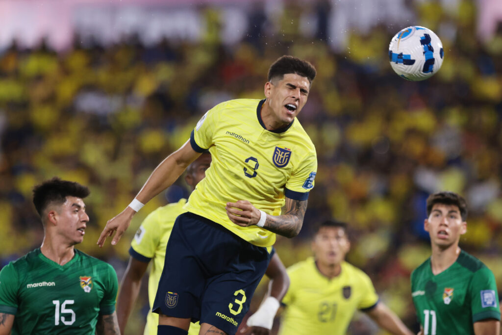 GUAYAQUIL, ECUADOR - NOVEMBER 14: Piero Hincapie of Ecuador heads the ball during the South American FIFA World Cup 2026 Qualifier match between Ecuador and Bolivia at Estadio Monumental Isidro Romero Carbo on November 14, 2024 in Guayaquil, Ecuador. (Photo by Franklin Jacome/Getty Images)