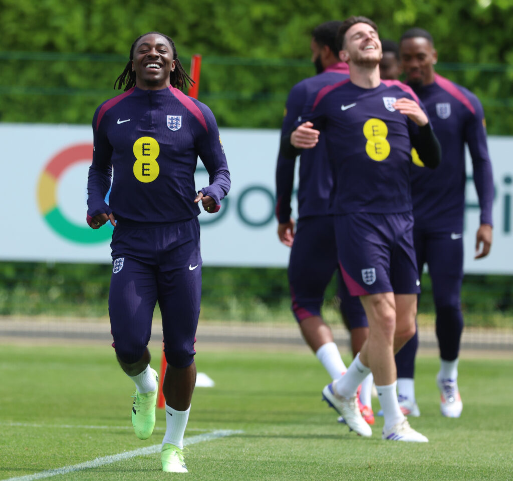ENFIELD, ENGLAND - JUNE 06: Eberechi Eze of England and Declan Rice of England in action during a training session at Tottenham Hotspur Training Centre on June 06, 2024 in Enfield, England. (Photo by Richard Pelham/Getty Images)