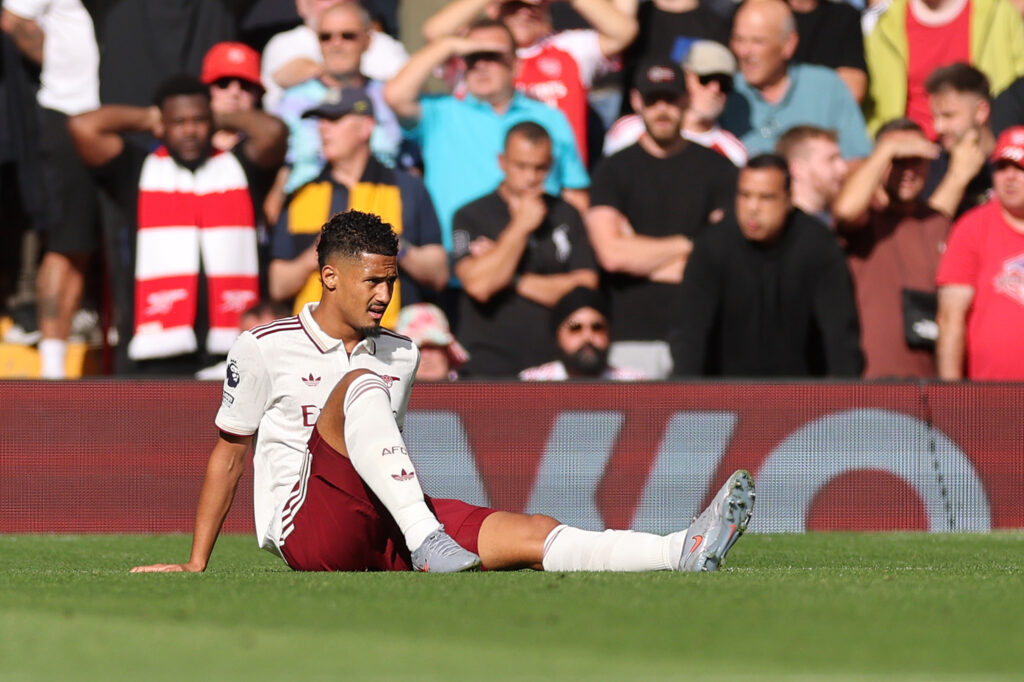 Key Arsenal star to miss Man City match with injury 3 LIVERPOOL, ENGLAND - AUGUST 31: William Saliba of Arsenal reacts with an injury during the Premier League match between Liverpool and Arsenal at Anfield on August 31, 2025 in Liverpool, England. (Photo by Carl Recine/Getty Images)