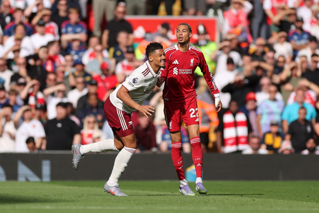 Arsenal injury updates - LIVERPOOL, ENGLAND - AUGUST 31: William Saliba of Arsenal reacts with an injury during the Premier League match between Liverpool and Arsenal at Anfield on August 31, 2025 in Liverpool, England. (Photo by Carl Recine/Getty Images)