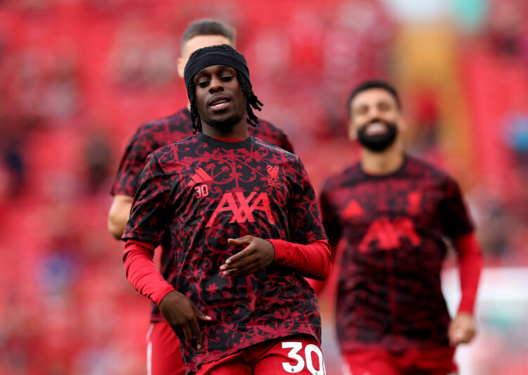LIVERPOOL, ENGLAND - AUGUST 15: Jeremie Frimpong of Liverpool warms up prior to the Premier League match between Liverpool and Bournemouth at Anfie...