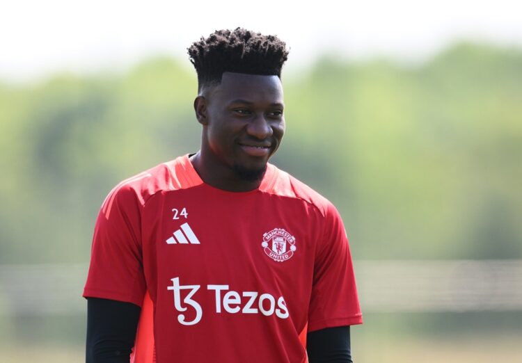 MANCHESTER, ENGLAND: Andre Onana of Manchester United reacts during a Manchester United training session ahead of the UEFA Europa League Final 2025...