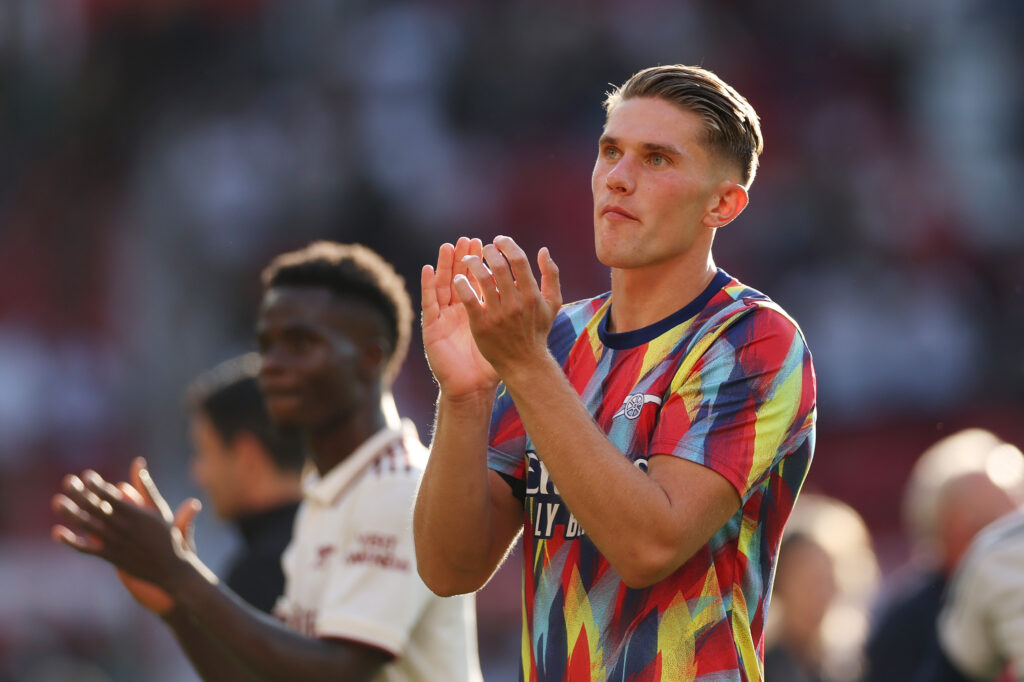 MANCHESTER, ENGLAND - AUGUST 17: Viktor Gyoekeres of Arsenal applauds the fans following the Premier League match between Manchester United and Arsenal at Old Trafford on August 17, 2025 in Manchester, England. (Photo by Stu Forster/Getty Images)