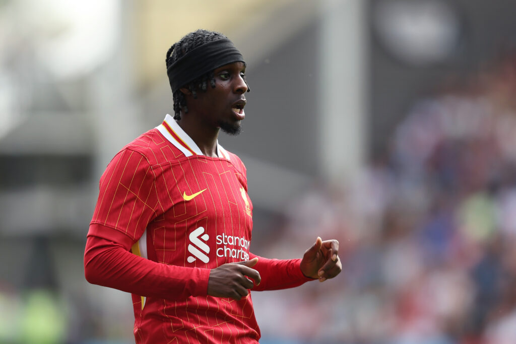 Liverpool injury blow ahead of Arsenal 4 PRESTON, ENGLAND - JULY 13: Jeremie Frimpong of Liverpool looks on during the pre-season friendly match between Preston North End and Liverpool at Deepdale on July 13, 2025 in Preston, England. (Photo by Matt McNulty/Getty Images)