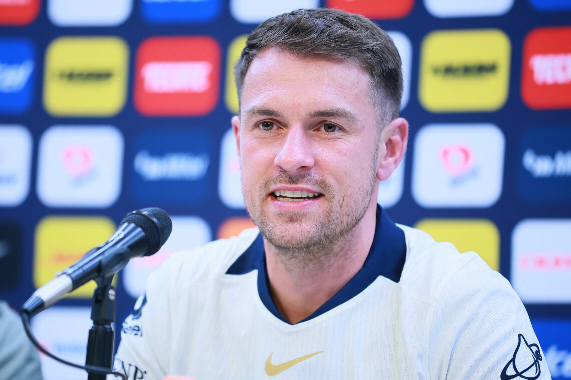 MEXICO CITY, MEXICO - JULY 03: Aaron Ramsey, speaks during his unveiling as new player of Pumas UNAM at La Cantera on July 03, 2025 in Mexico City,...