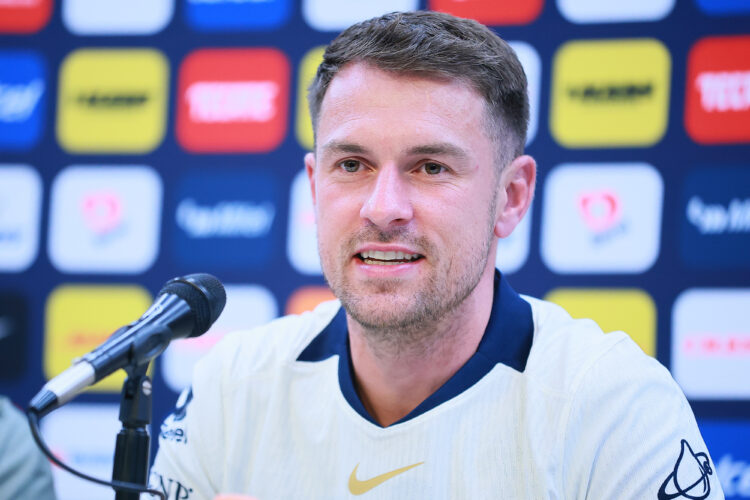 MEXICO CITY, MEXICO - JULY 03: Aaron Ramsey, speaks during his unveiling as new player of Pumas UNAM at La Cantera on July 03, 2025 in Mexico City,...