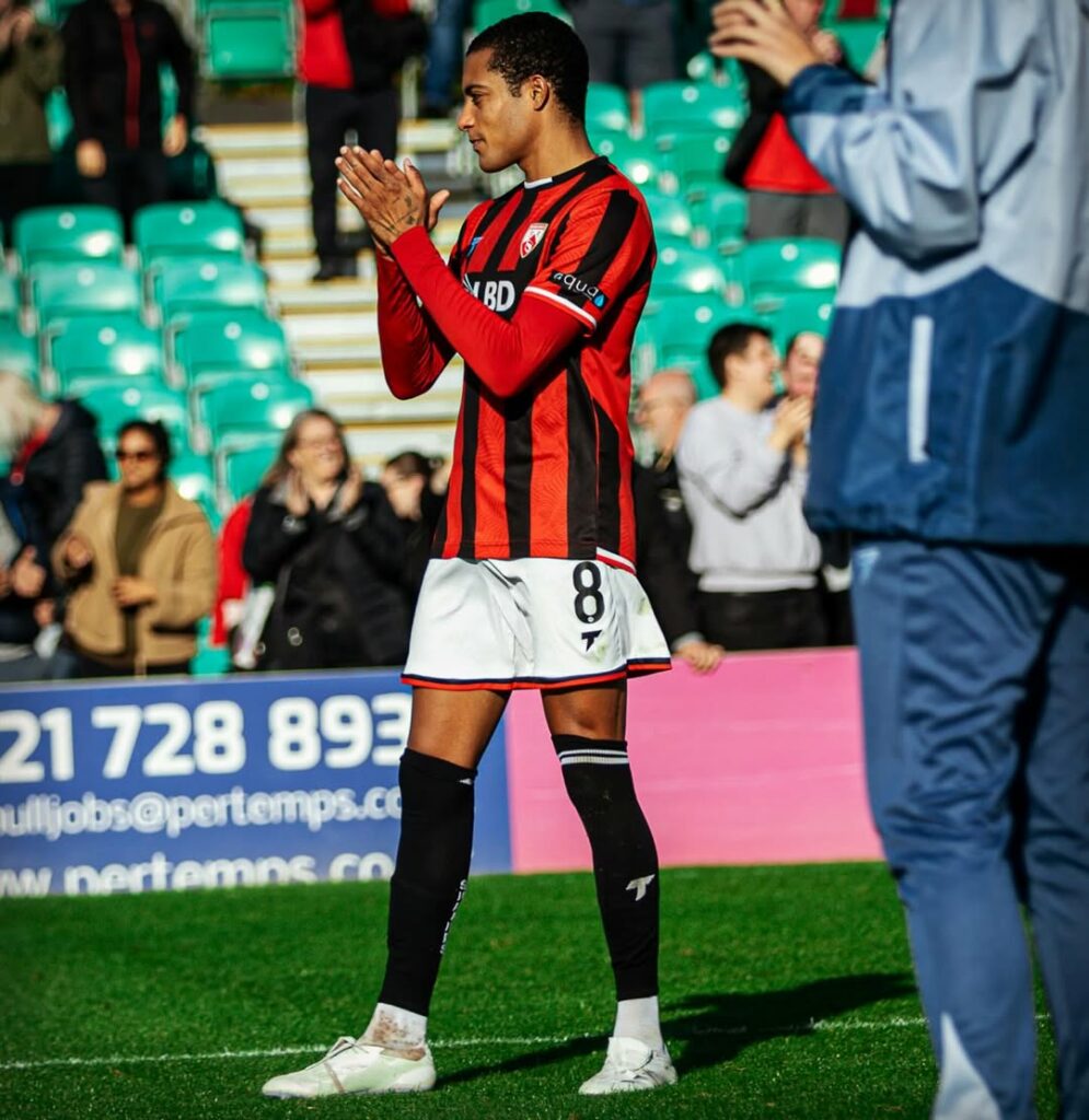 Former Gunner scores wondergoal from 30 yards 4 Miguel Azeez with Morecambe FC (Photo via Azeez on Instagram)