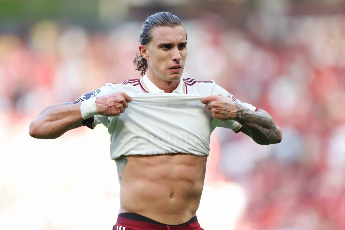 Riccardo Calafiori of Arsenal during the Premier League match between Manchester United and Arsenal at Old Trafford on August 17, 2025 in Mancheste...